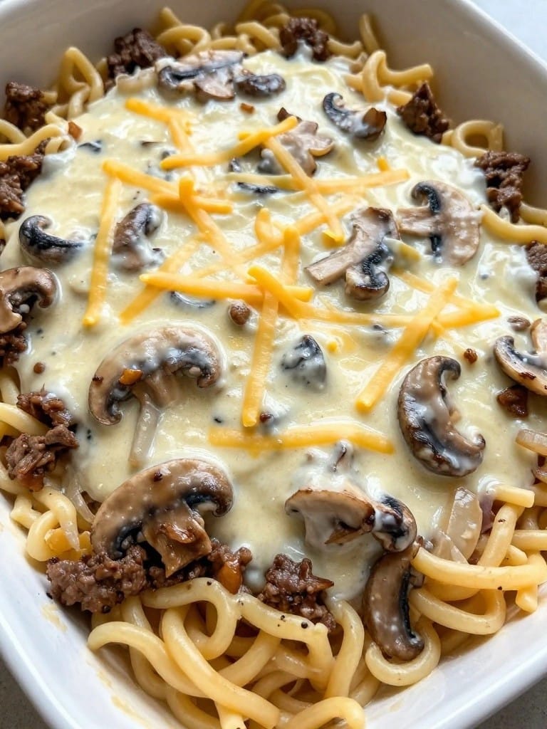 Creamy Mushroom Cowboy Beef Noodle Bake