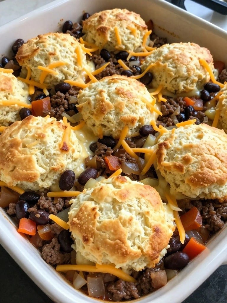 Homestyle Cowboy Beef Biscuit Pot Pie Casserole