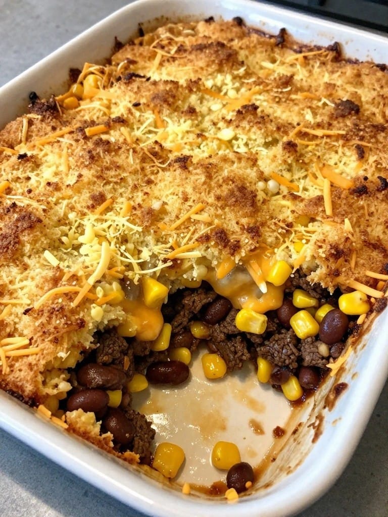 Smoky BBQ Cowboy Beef and Cornbread Casserole