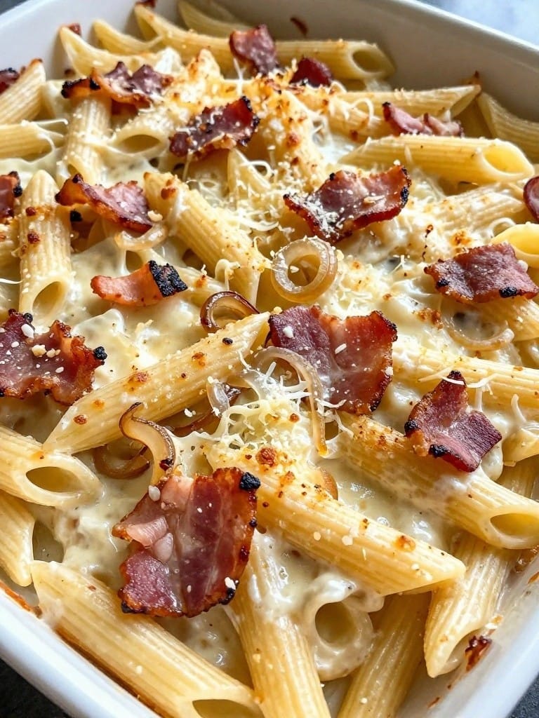 Bacon and Caramelized Onion Alfredo Bake