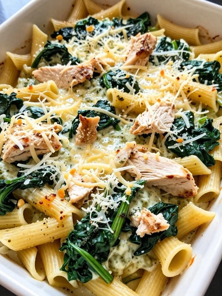 Pesto Chicken and Spinach Alfredo Casserole