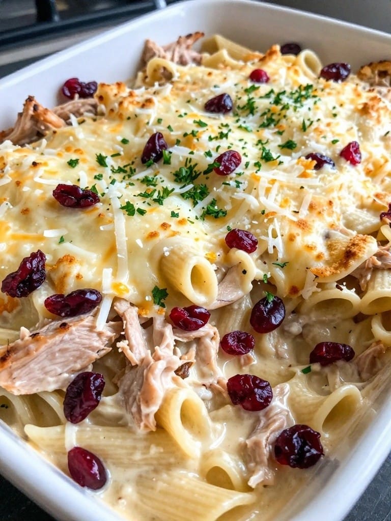 Turkey and Cranberry Alfredo Pasta Bake