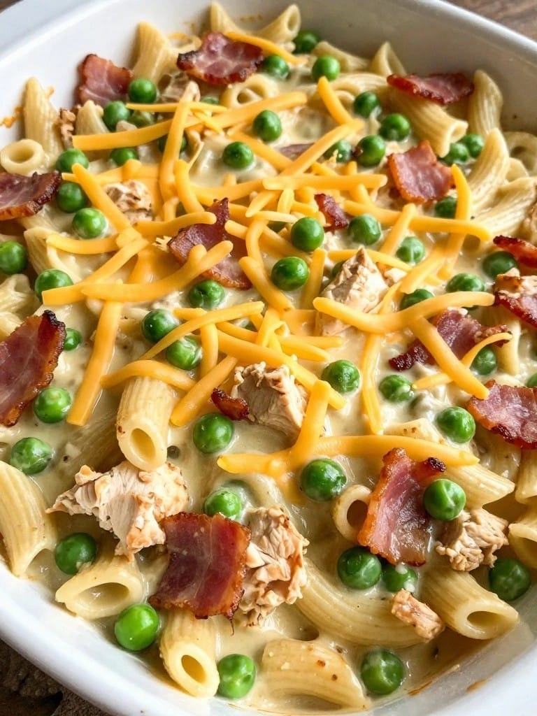 Bacon Ranch Chicken Pasta Casserole with Peas