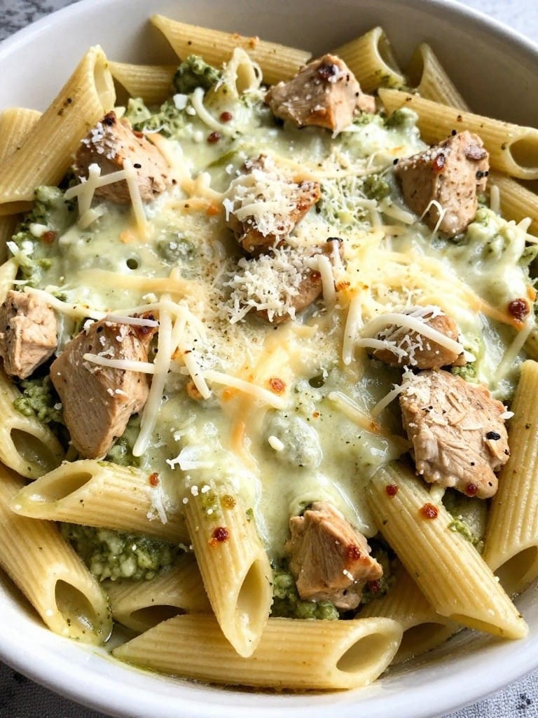 Basil Pesto Chicken Mozzarella Pasta Bake