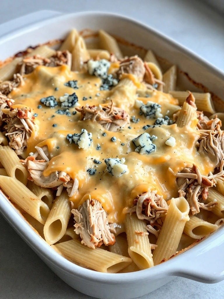 Buffalo Chicken Pasta Casserole with Blue Cheese Topping