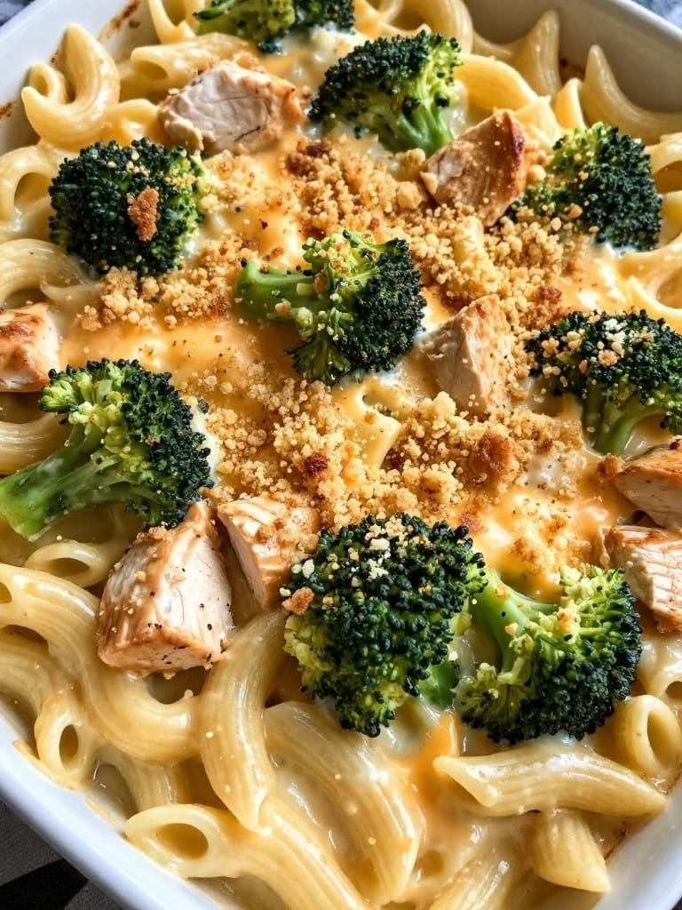 Creamy Broccoli Cheddar Chicken Pasta Casserole
