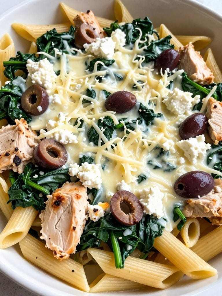 Greek Feta Olive and Spinach Chicken Pasta Casserole