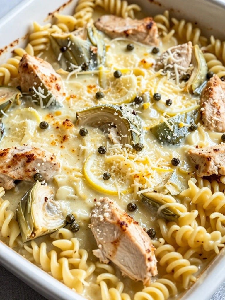 Lemon Artichoke Chicken Pasta Casserole with Capers