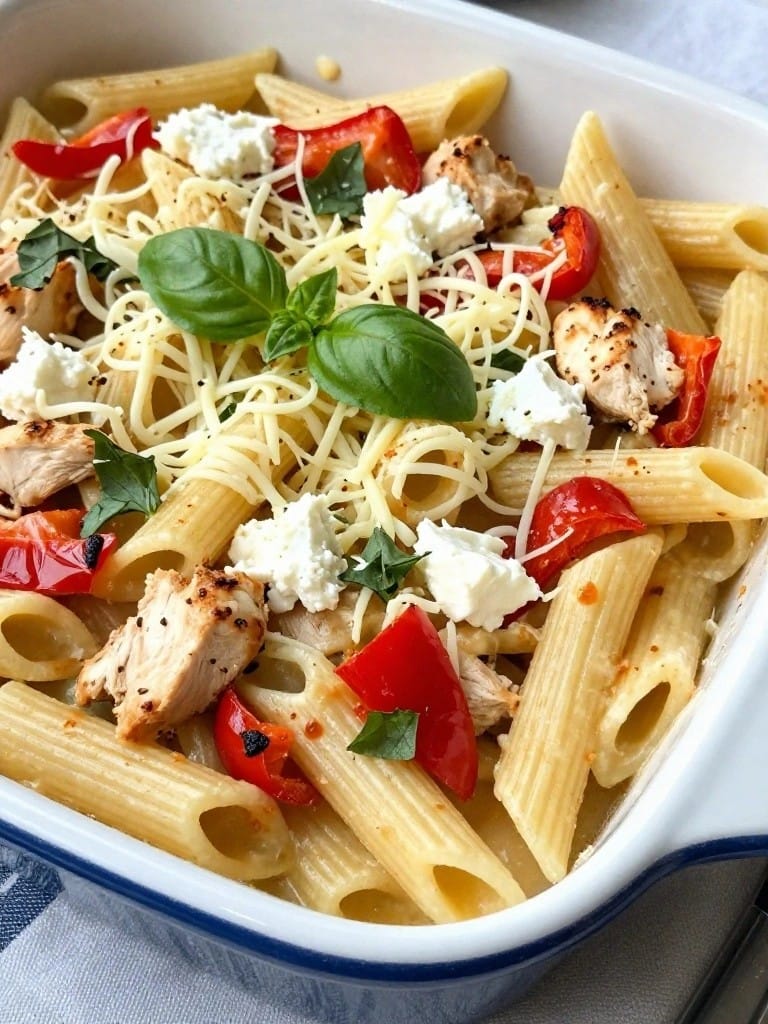 Roasted Red Pepper and Goat Cheese Chicken Pasta Casserole