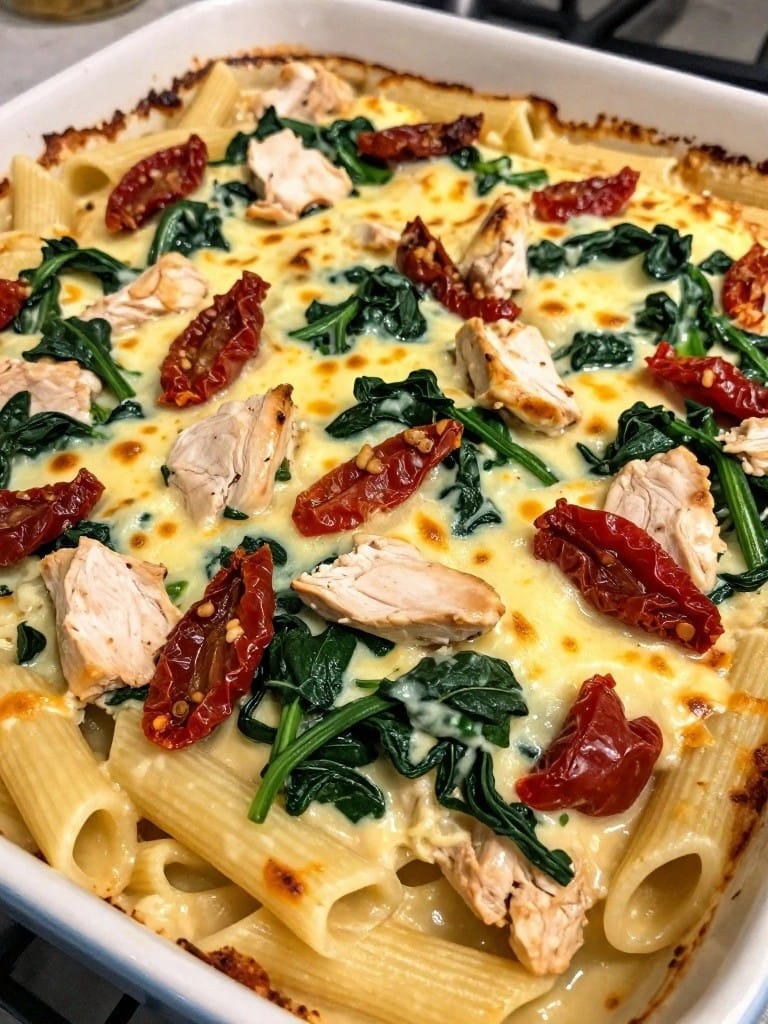 Sun-Dried Tomato Spinach Chicken Alfredo Bake