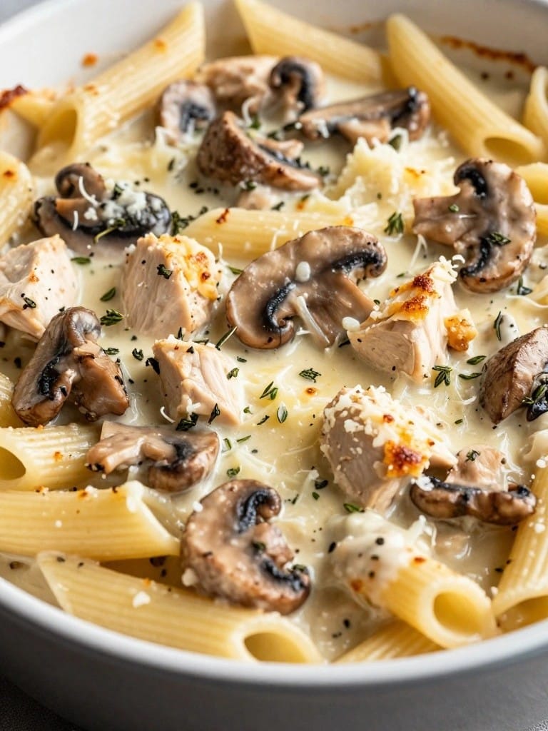 Wild Mushroom and Thyme Creamy Chicken Pasta Bake