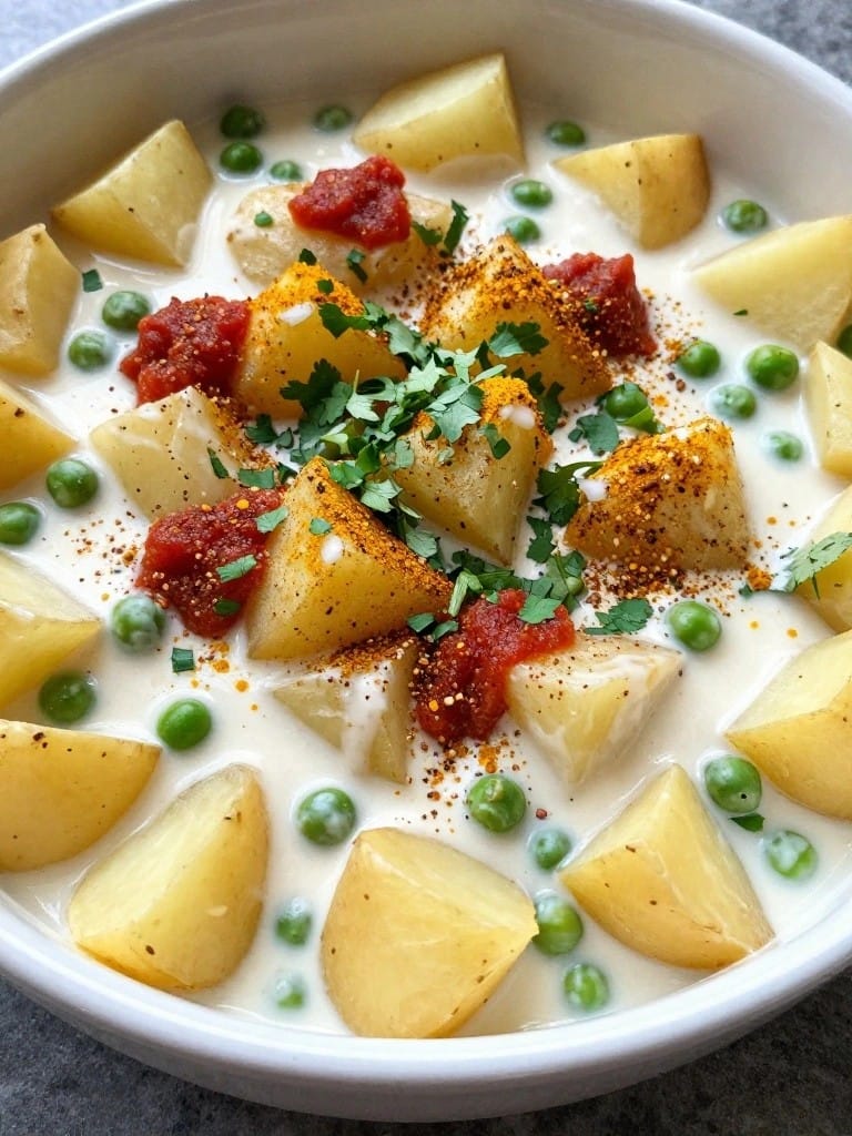 Indian Spiced Potato and Pea Casserole with Coconut Sauce