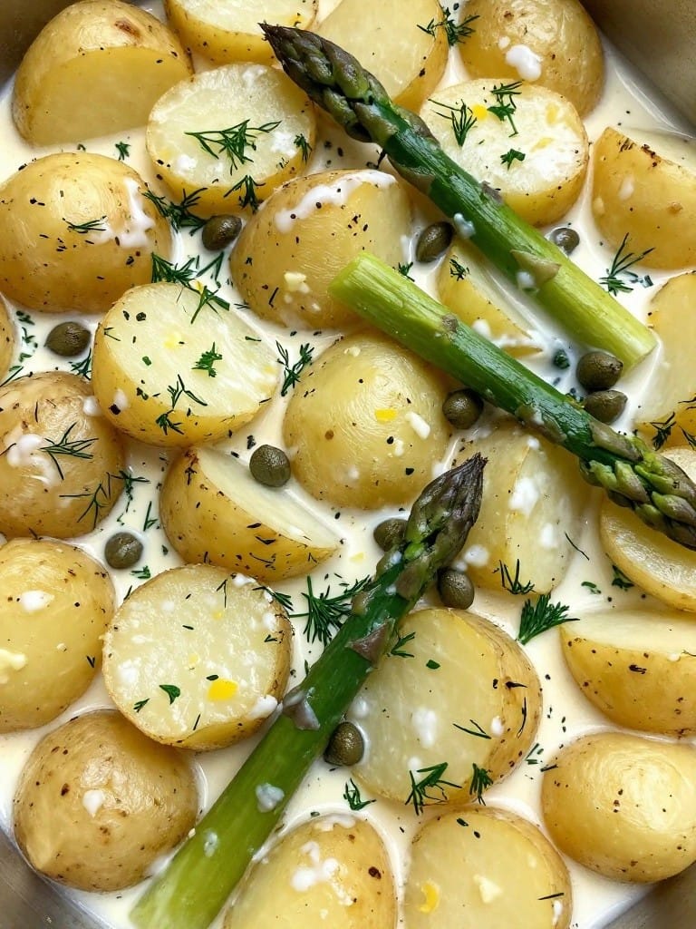 Lemon Dill Potato Casserole with Asparagus and Capers