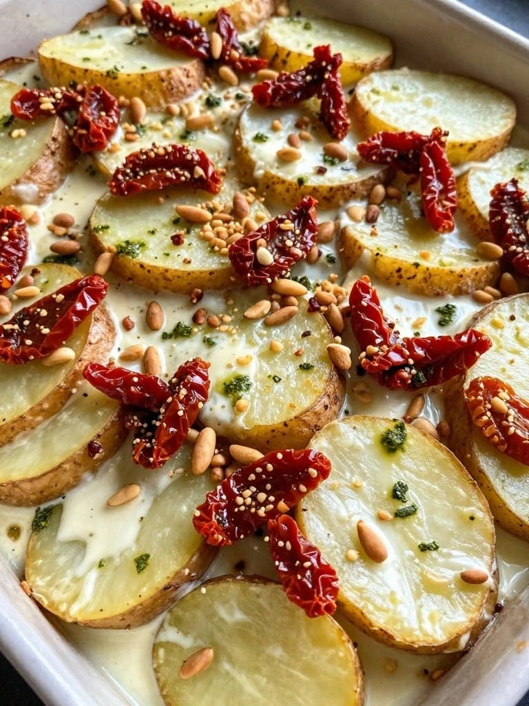 Pesto Potato Casserole with Sun-Dried Tomatoes and Pine Nuts