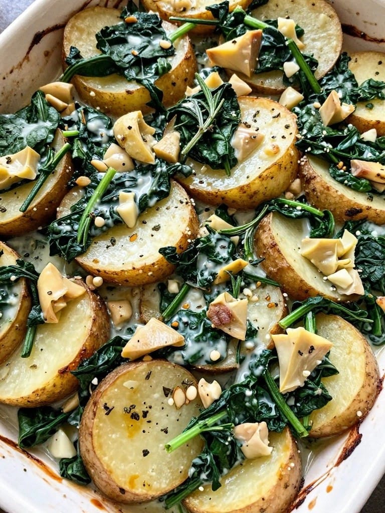 Spinach Artichoke Potato Casserole with Garlic Herb Cream