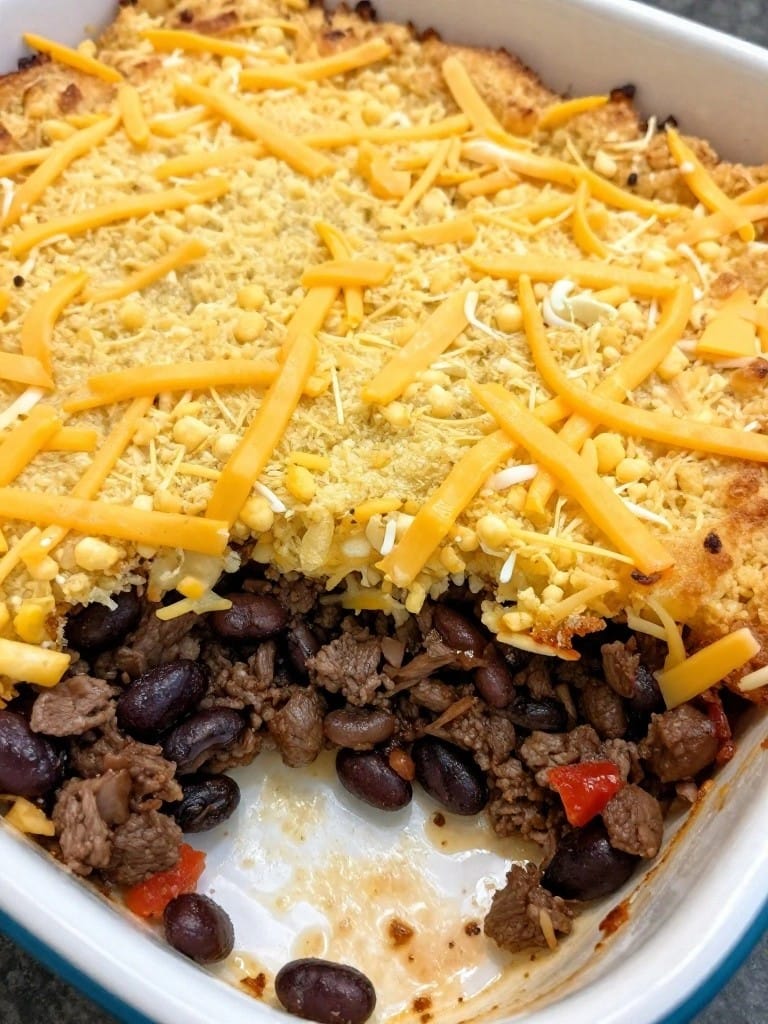 Beef and Black Bean Chili Cornbread Casserole