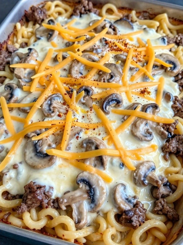 Creamy Beef Stroganoff Egg Noodle Bake