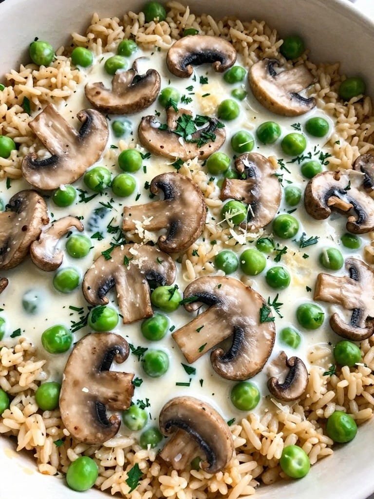 Creamy Mushroom Pea and Herb Brown Rice Casserole
