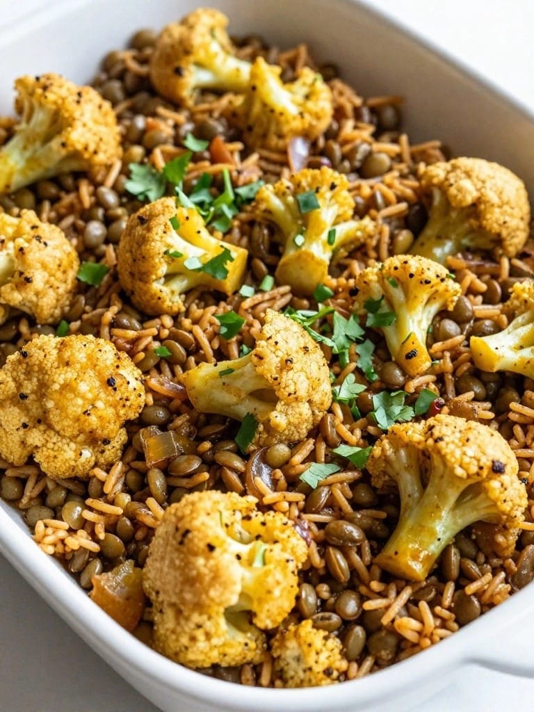 Indian Curried Lentil Cauliflower Brown Rice Casserole