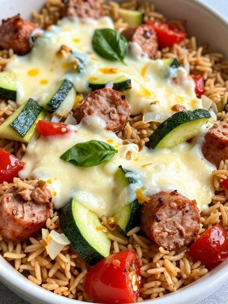 Italian Turkey Sausage Zucchini and Tomato Brown Rice Casserole