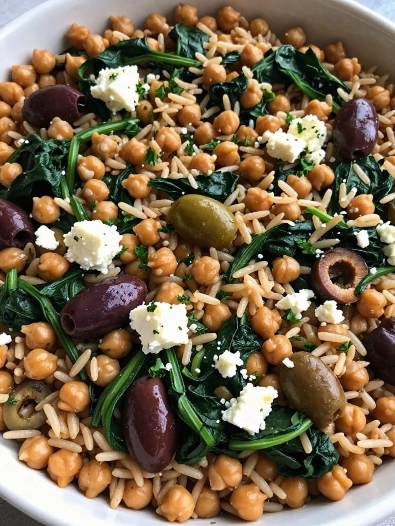 Mediterranean Chickpea Spinach and Olive Brown Rice Casserole