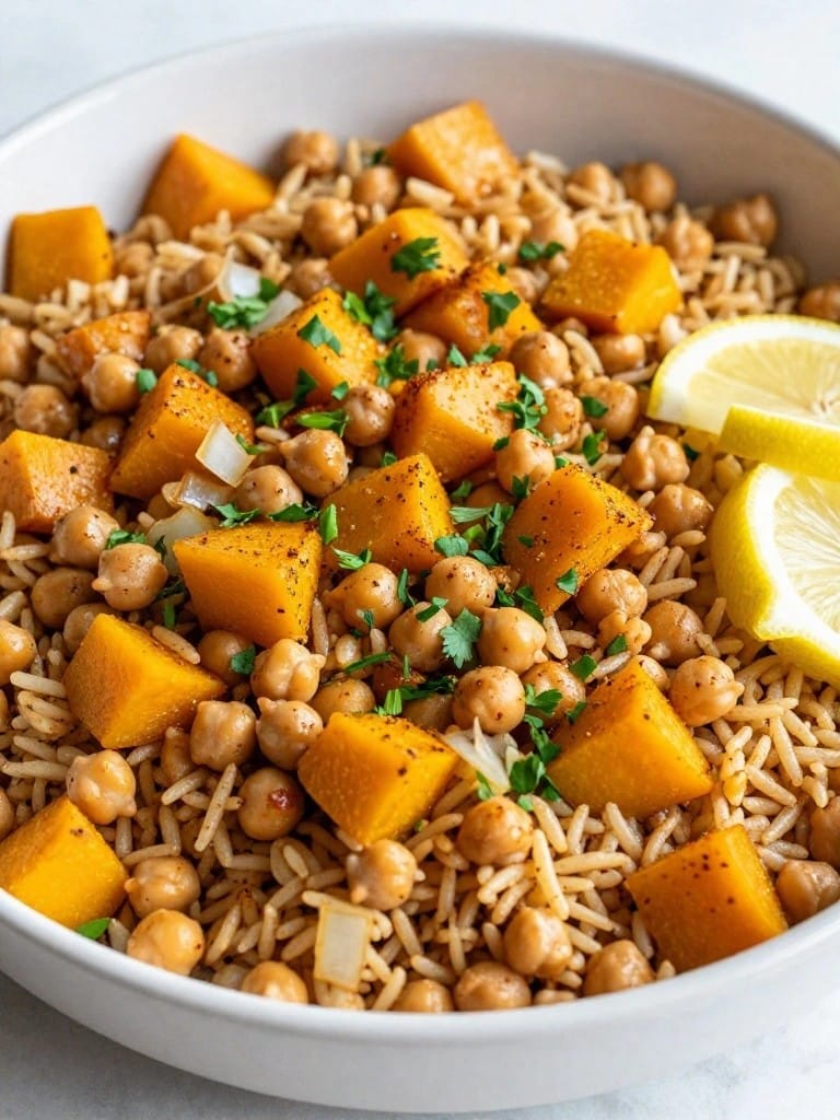 Moroccan Spiced Butternut Squash Chickpea Brown Rice Casserole