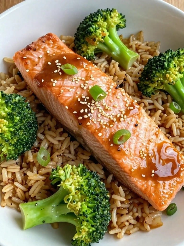 Teriyaki Salmon Broccoli Brown Rice Casserole