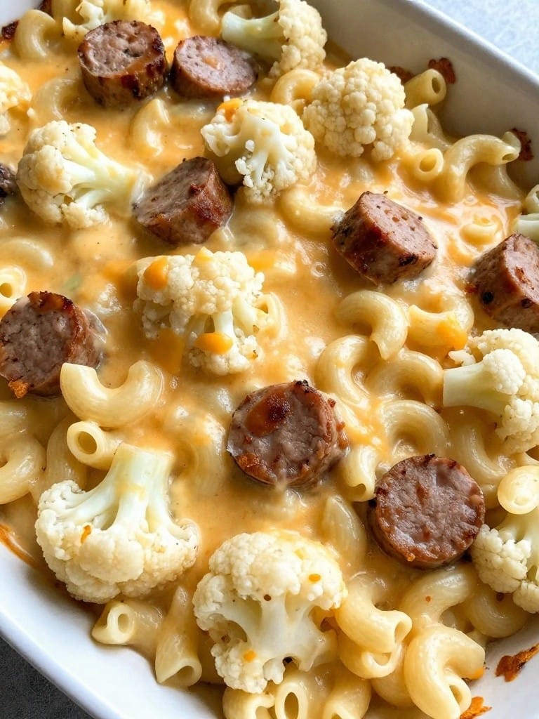 Cauliflower Cheddar Macaroni Casserole with Turkey Sausage
