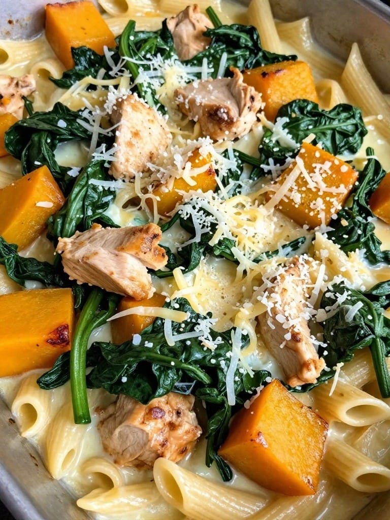 Creamy Butternut Squash and Spinach Pasta Bake with Chicken