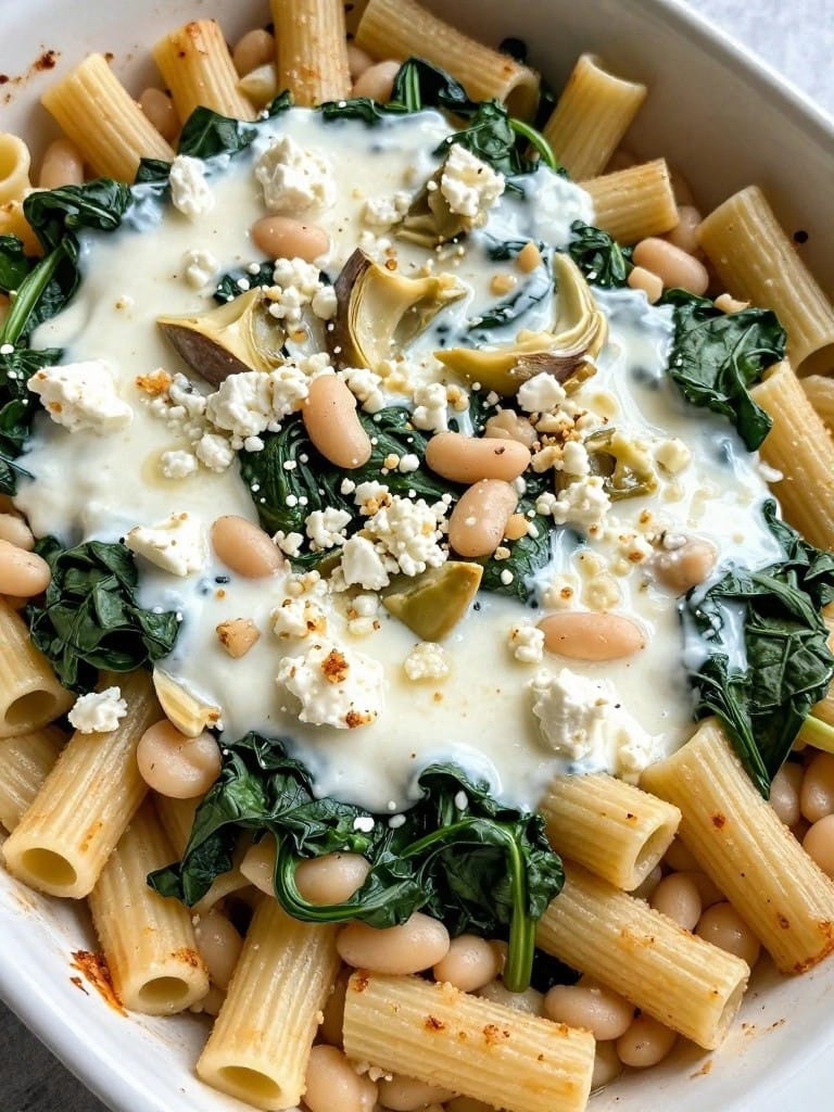 Greek Spinach, Artichoke, and White Bean Rigatoni Casserole