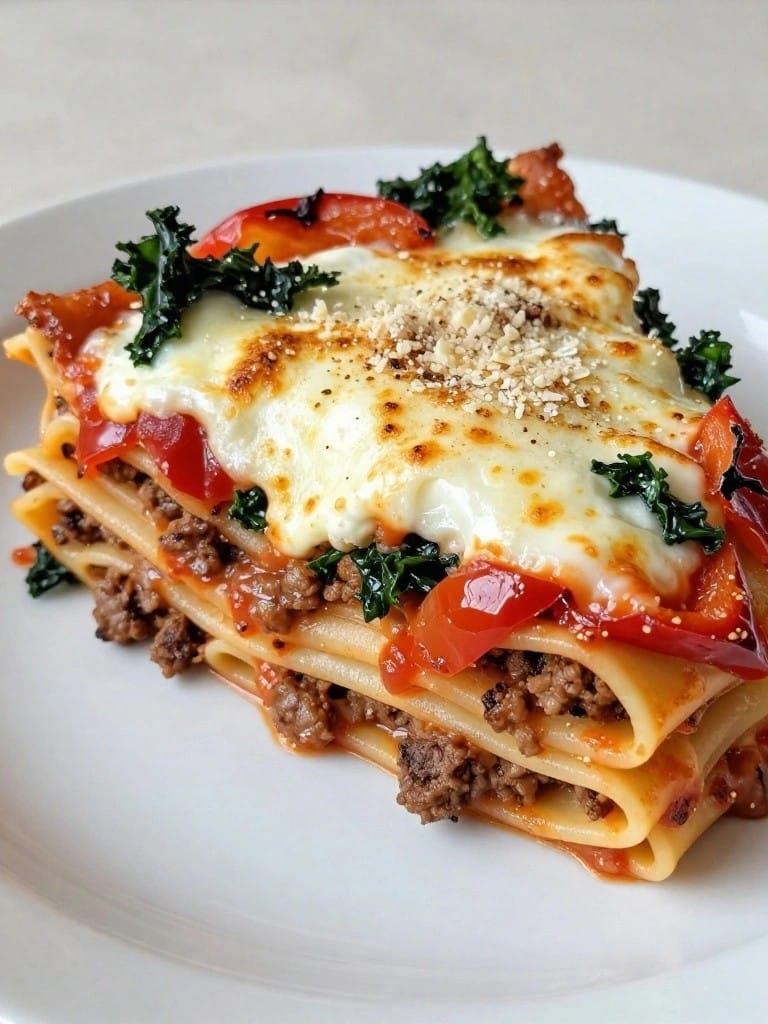 Lean Beef, Kale, and Roasted Pepper Baked Lasagna