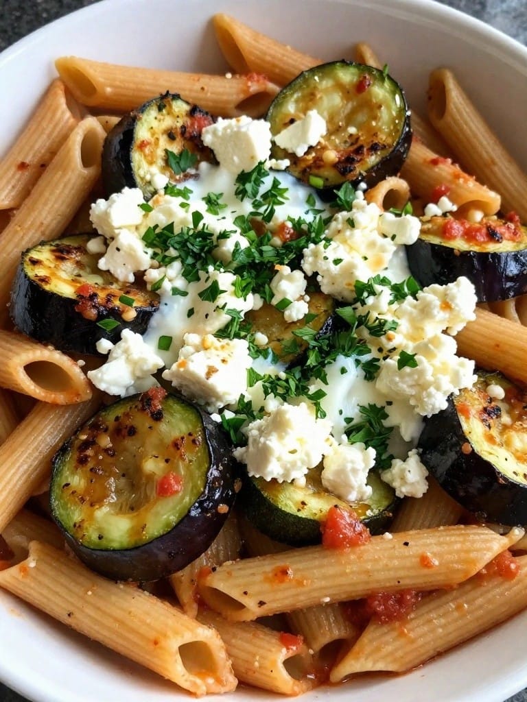 Mediterranean Eggplant, Zucchini, and Feta Pasta Gratin