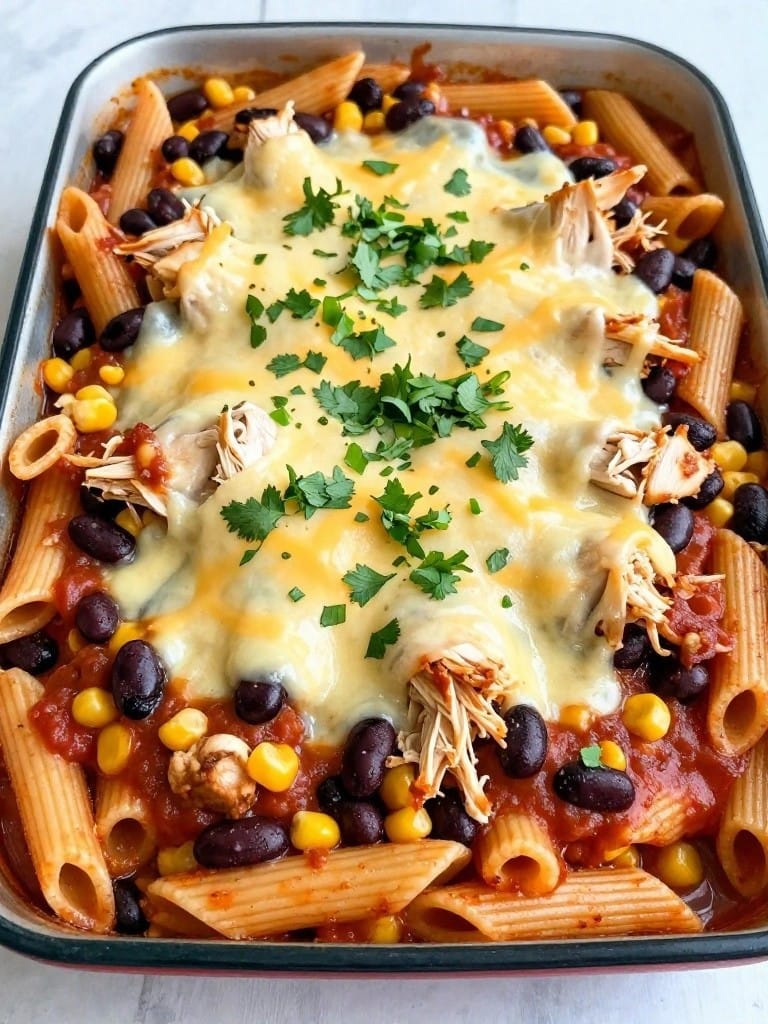 Mexican Black Bean, Corn, and Chicken Enchilada Pasta Bake