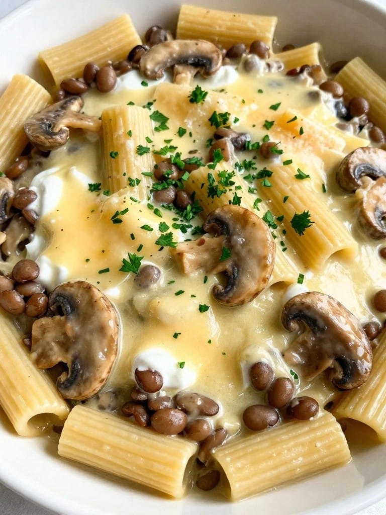 Mushroom and Lentil Stroganoff Baked Ziti