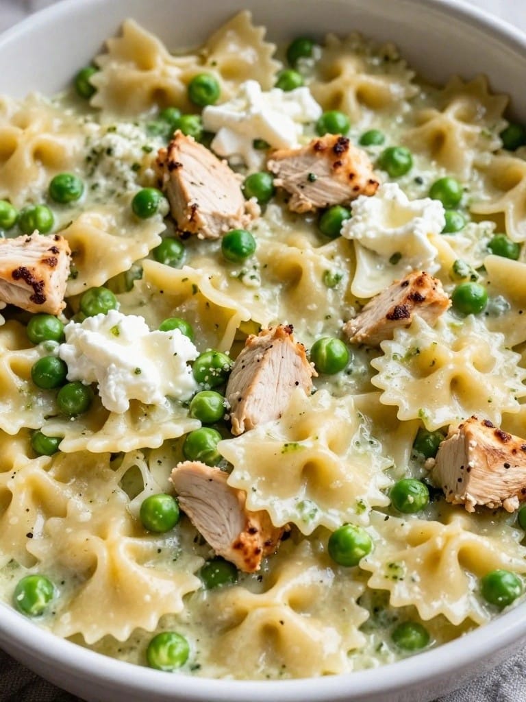 Pesto Chicken and Pea Farfalle Casserole with Light Ricotta
