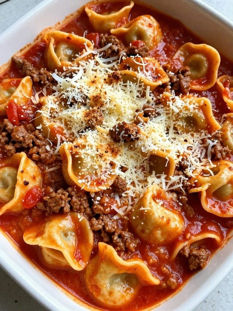 Creamy Tomato Beef Tortellini Casserole
