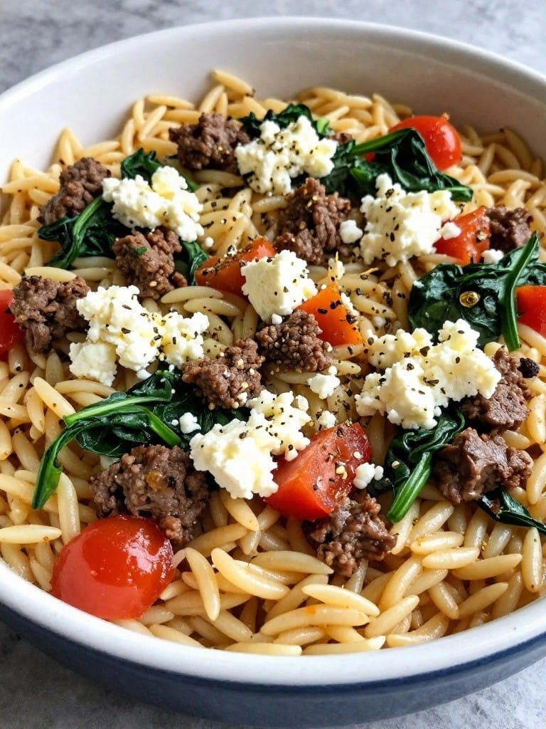 Greek Beef Orzo with Feta and Spinach Bake