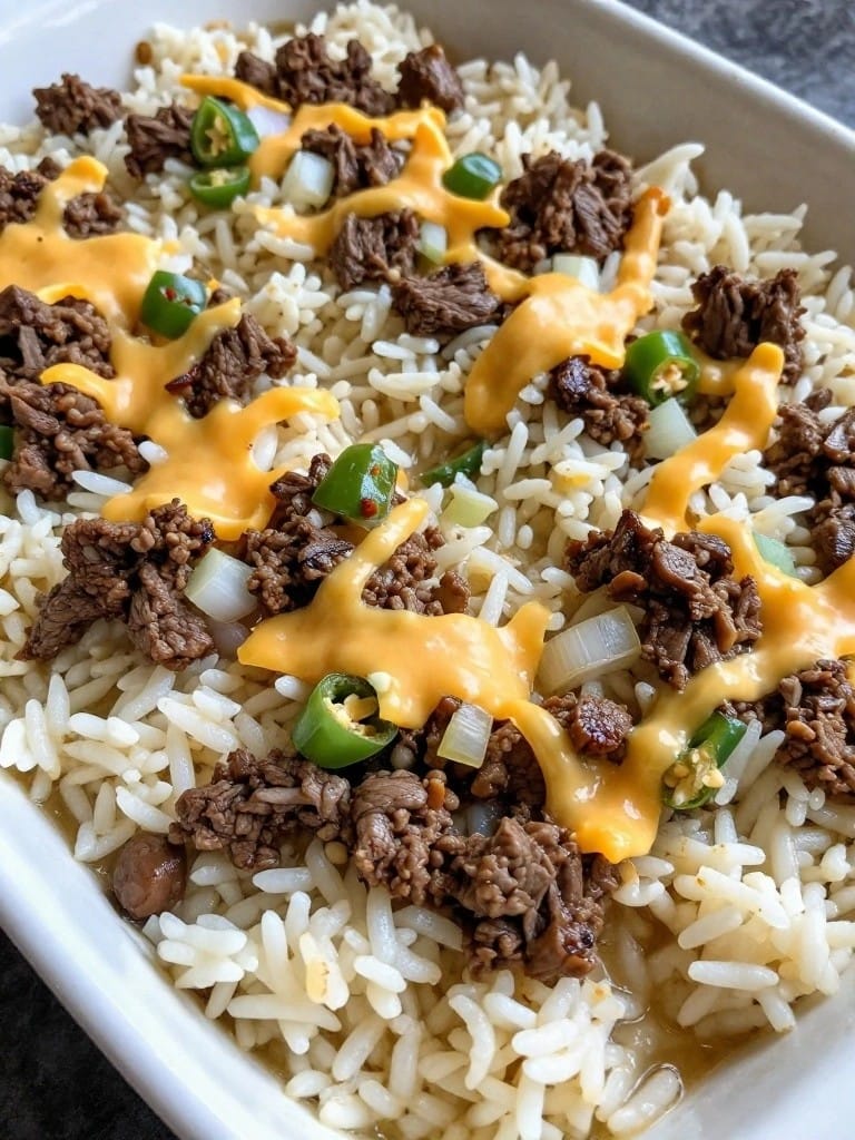 Cheddar Beef and Green Chile Rice Casserole