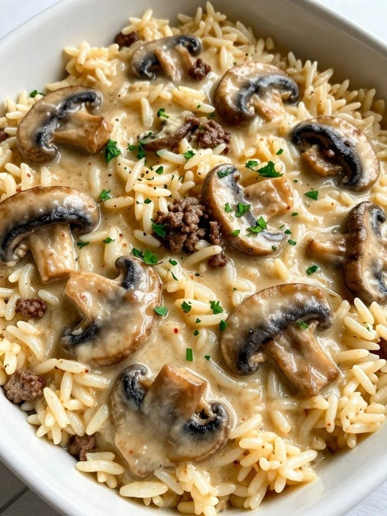 Creamy Mushroom Beef Stroganoff Rice Bake