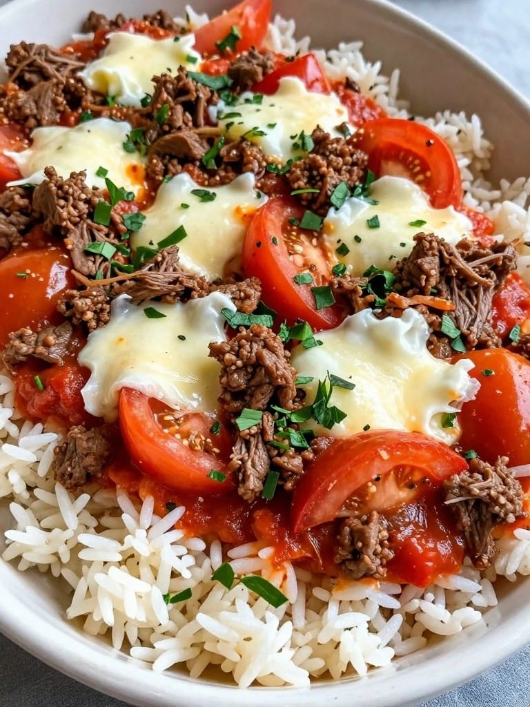 Italian Beef and Tomato Basil Rice Casserole