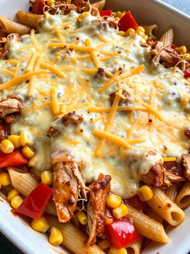 BBQ Chicken Corn and Pepper Pasta Bake
