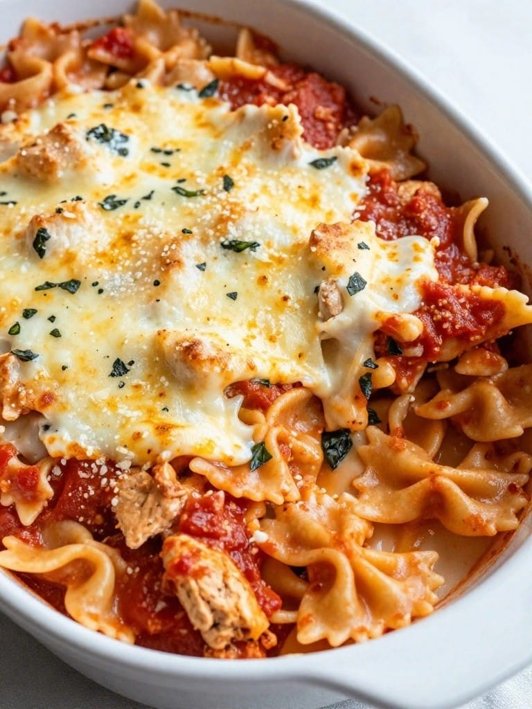 Creamy Tomato Basil Chicken Farfalle Bake