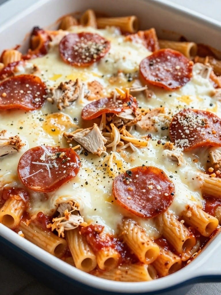 Pepperoni Pizza Chicken Ziti Casserole