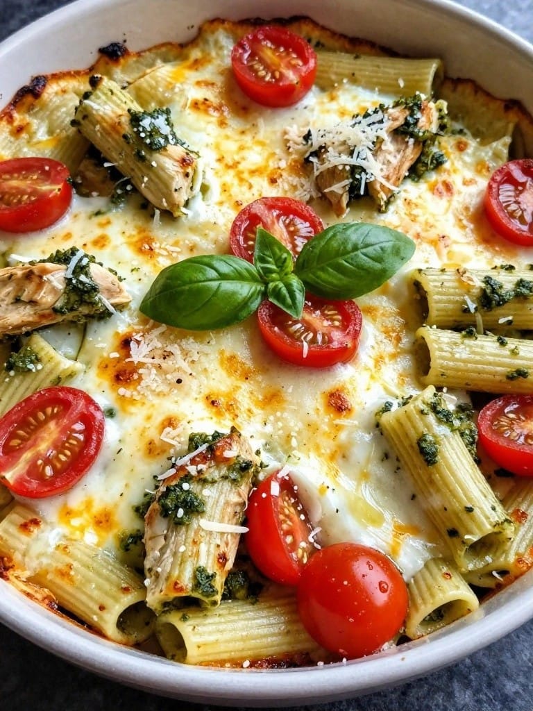 Pesto Chicken and Tomato Mozzarella Rigatoni Bake