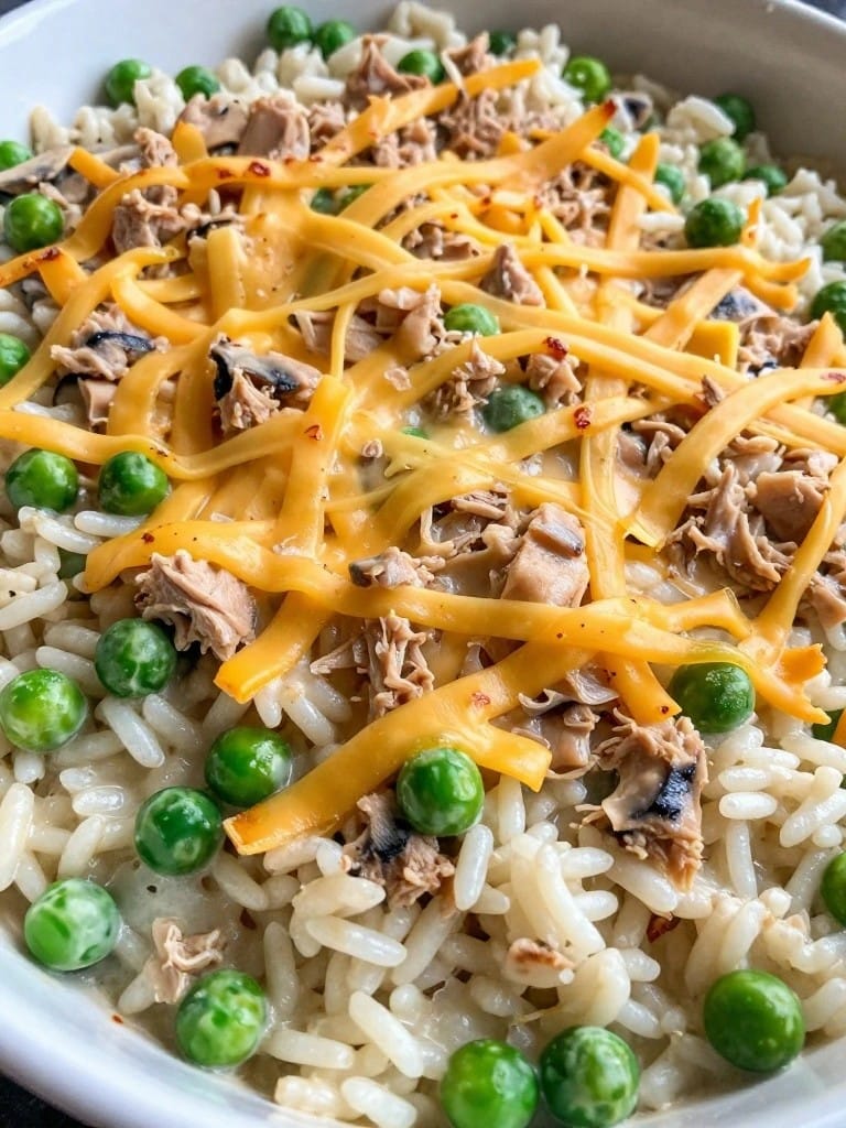 Classic Tuna Rice Casserole with Peas and Cheddar