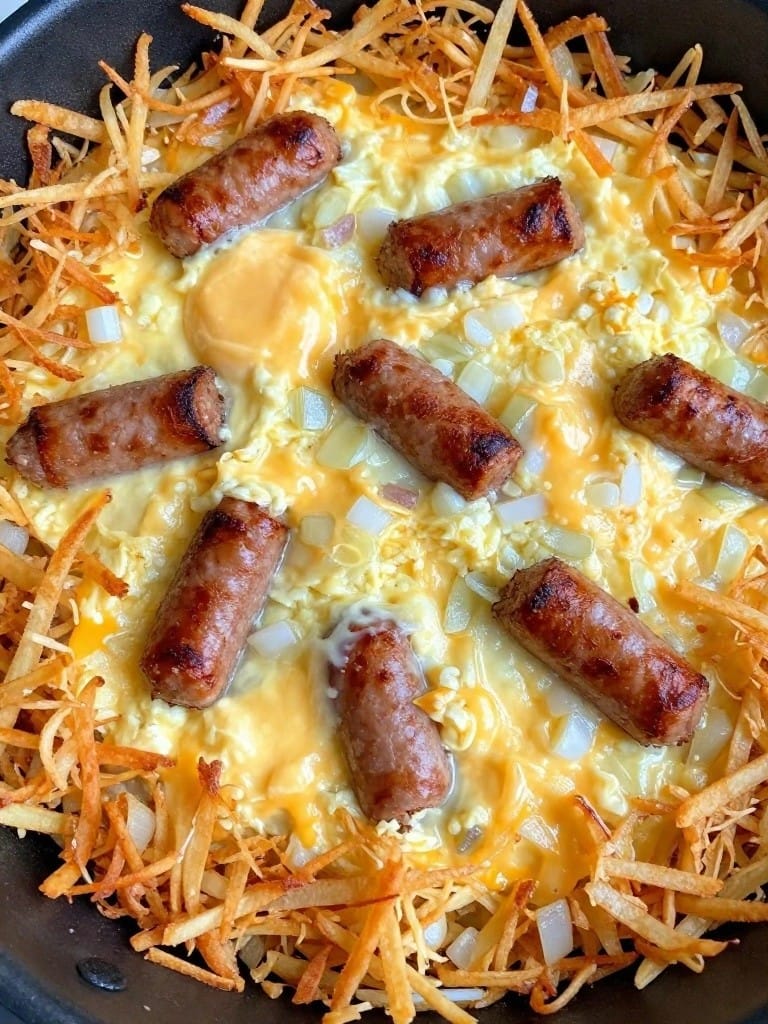 Breakfast Sausage Egg and Cheddar Hash Brown Casserole