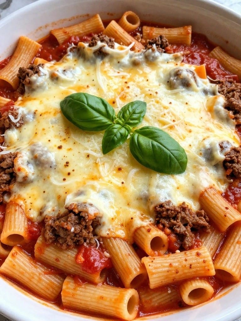 Cheesy Beef Bolognese Rigatoni Bake