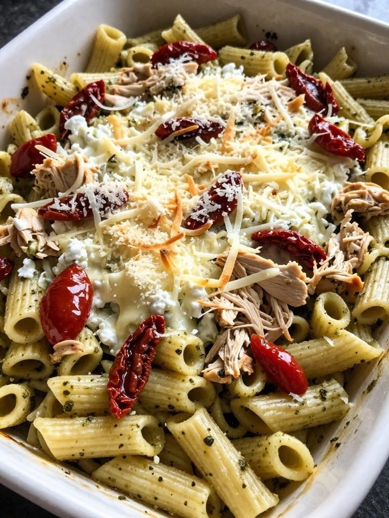 Pesto Chicken and Sun-Dried Tomato Rotini Bake