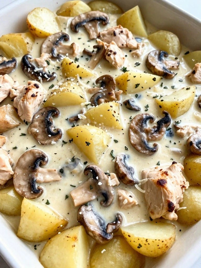 Creamy Mushroom and Thyme Chicken Potato Casserole