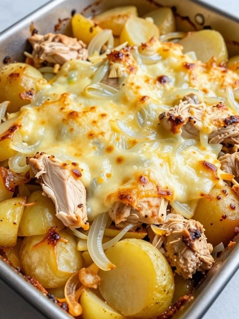 French Onion Chicken Potato Casserole with Gruyère